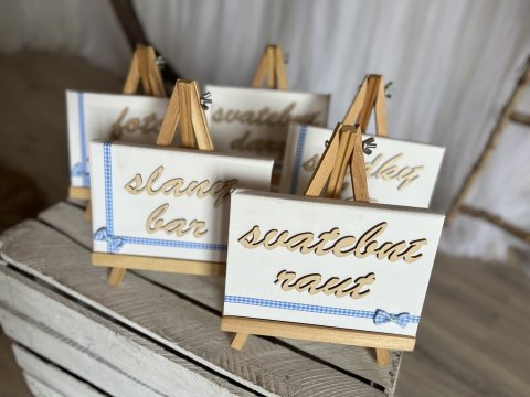 Sada cedulek na stojáncích s modrou stuhou