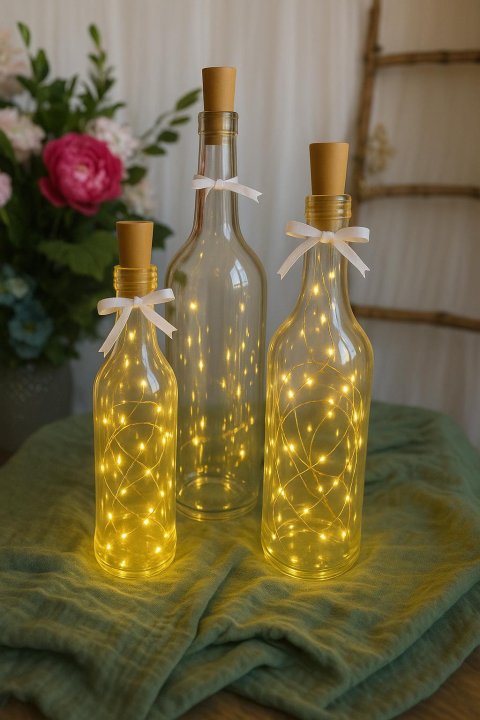 Lahev se světýlky s jutovým provázkem (sada)